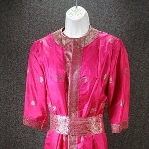 Vintage Mohan’s Hong Kong Fuchsia Silk Tunic Dress Gold Brocade Belt